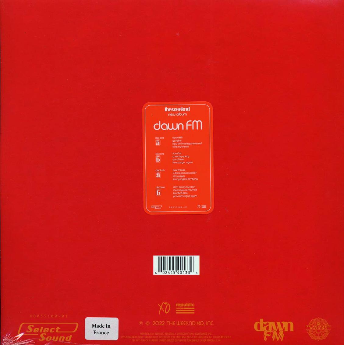 The Weeknd - Dawn FM (Weeknd Web Store Exclusive, Collector's Edition 03) (2xLP) vinyl LP back cover