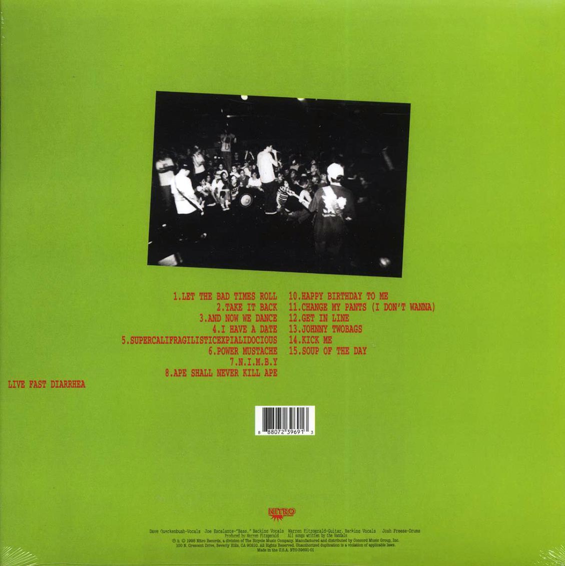 The Vandals - Live Fast Diarrhea (green vinyl) vinyl LP back cover