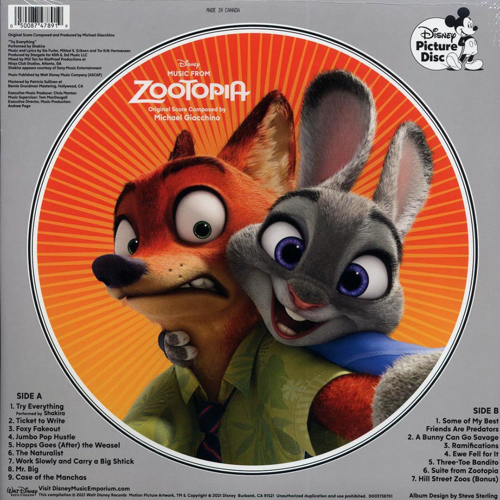 Michael Giacchino - Music From Zootopia: Original Score (picture disc) vinyl LP back cover