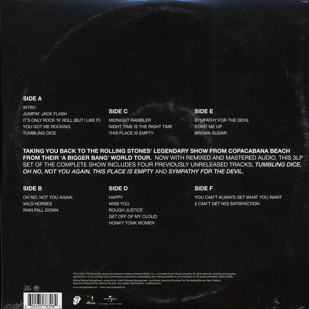 The Rolling Stones - A Bigger Bang: Live On Copacabana Beach (ltd. ed.) (3xLP) (colored vinyl) vinyl LP back cover