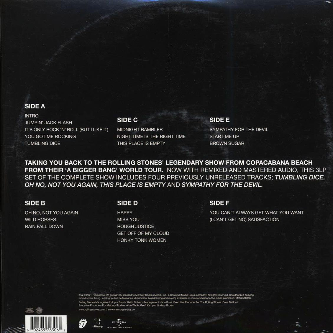 The Rolling Stones - A Bigger Bang: Live On Copacabana Beach (ltd. ed.) (3xLP) (colored vinyl) vinyl LP back cover