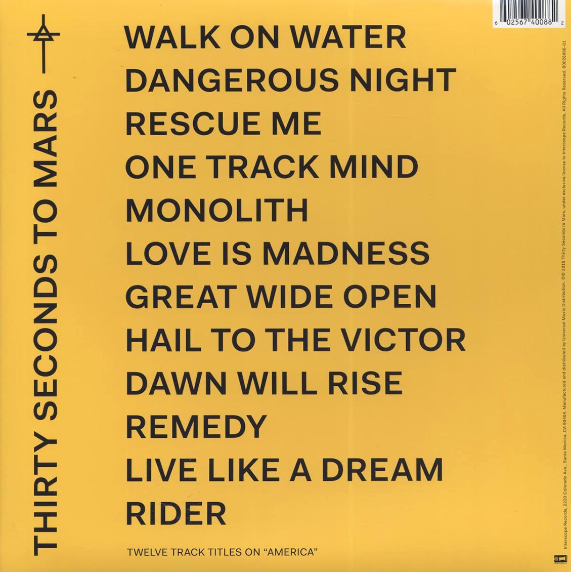 Thirty Seconds To Mars - America (2018 PRESS) (180g) (white vinyl) vinyl LP back cover
