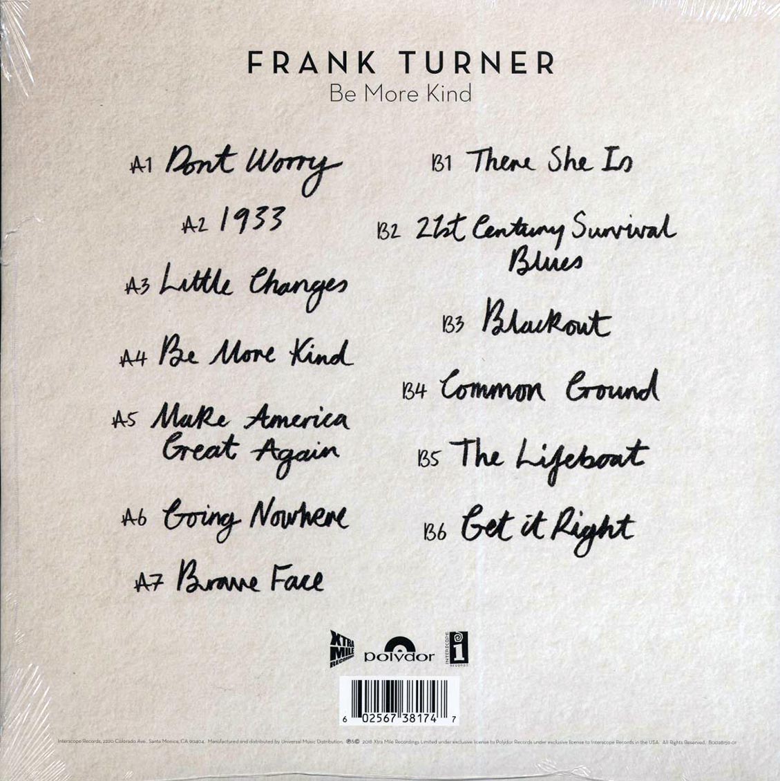 Frank Turner - Be More Kind (180g) vinyl LP back cover
