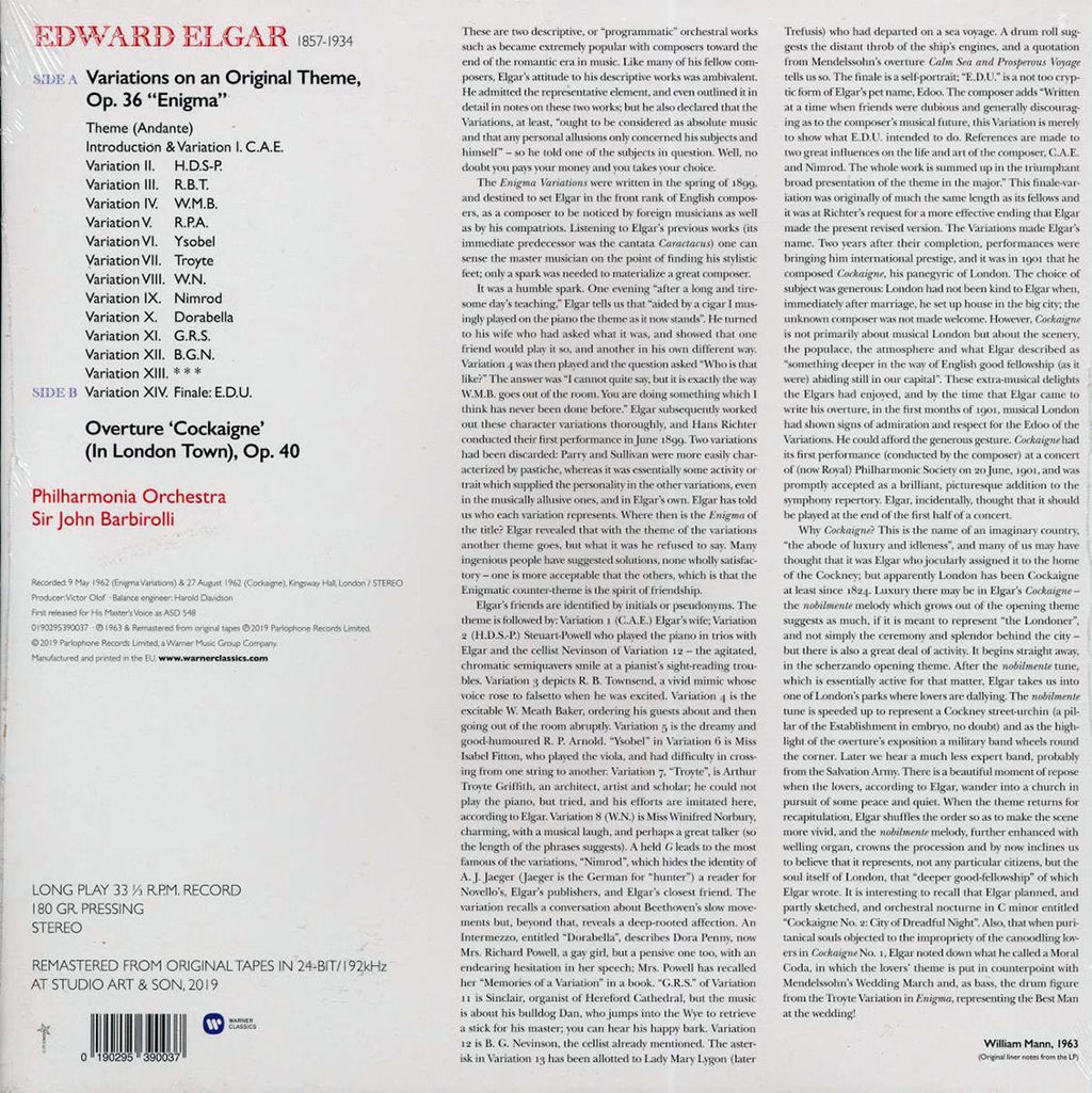 Elgar, Sir John Barbirolli, Philharmonic Orchestra - Enigma Variations, Etc. vinyl LP back cover