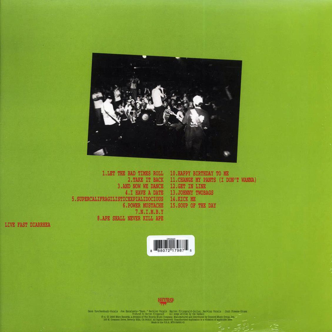 The Vandals - Live Fast Diarrhea (25th Anniv. Ed.) (ltd. ed.) (brown vinyl) vinyl LP back cover