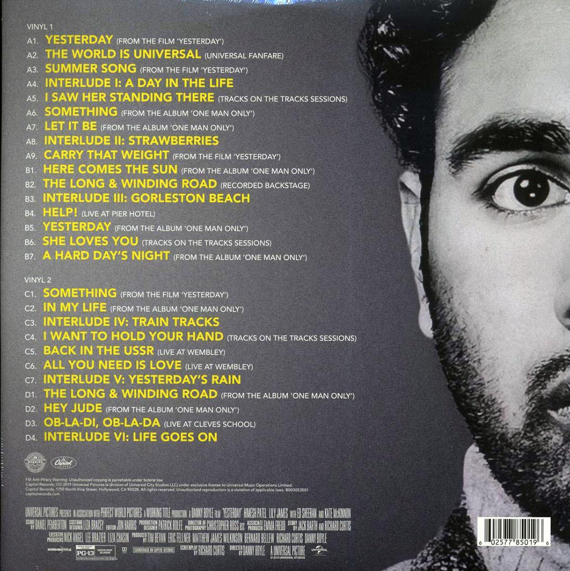 Hamish Patel, Daniel Pemburton - Yesterday: Original Motion Picture Soundtrack (27 tracks) (2xLP) vinyl LP back cover