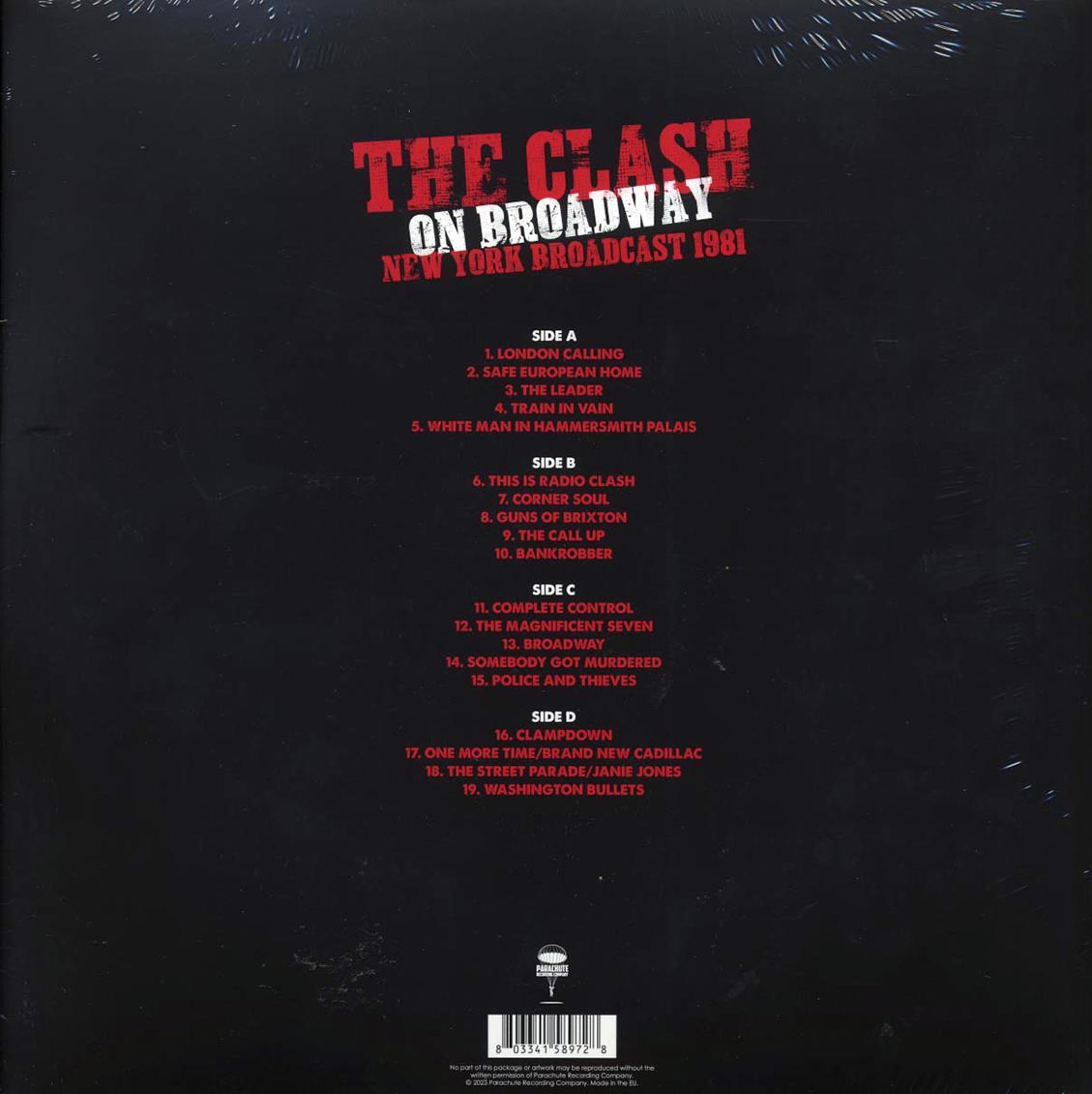 The Clash - On Broadway: New York Broadcast 1981 (2xLP) vinyl LP back cover