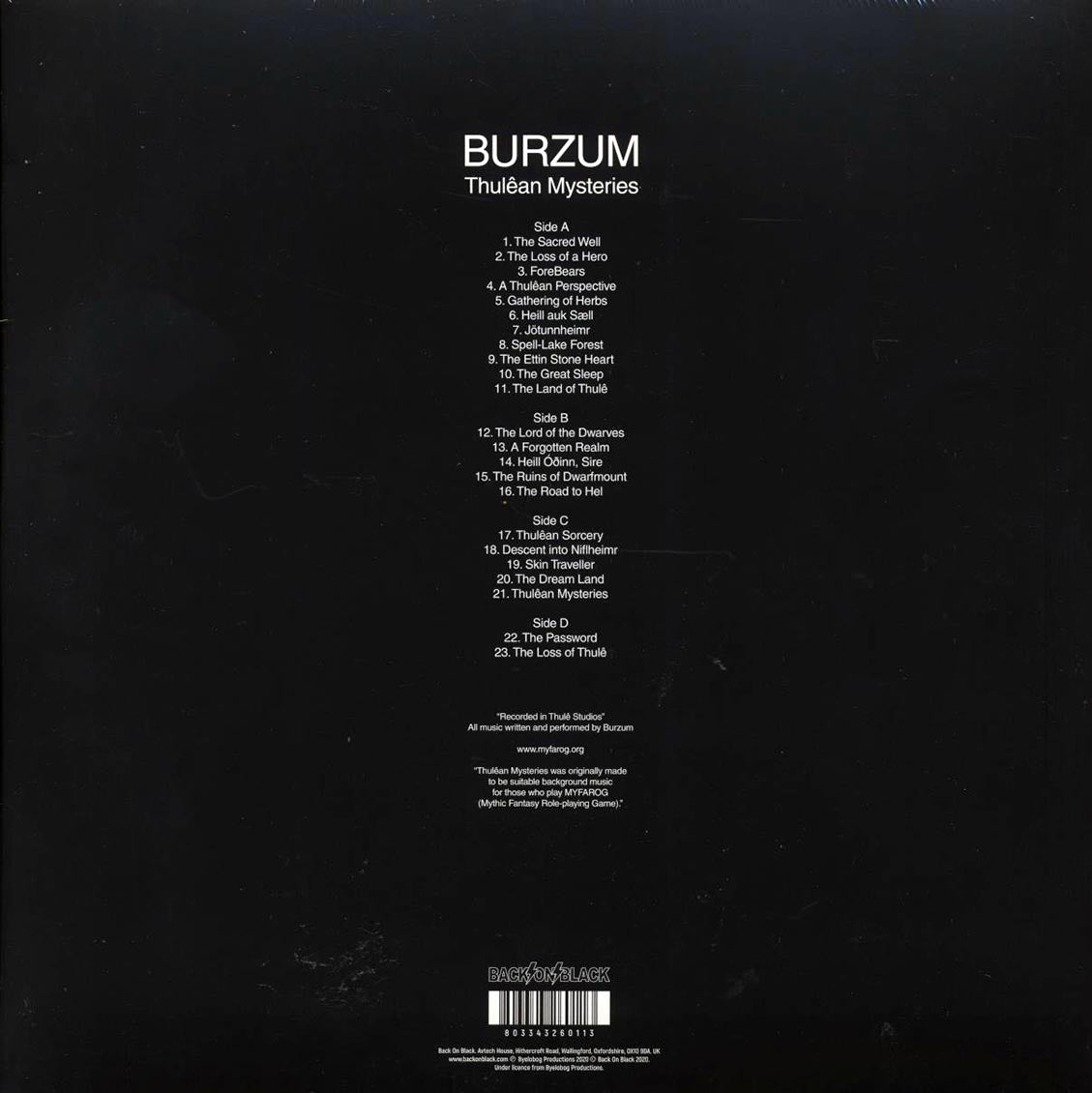Burzum - Thulean Mysteries (ltd. ed.) (2xLP) (clear vinyl) vinyl LP back cover