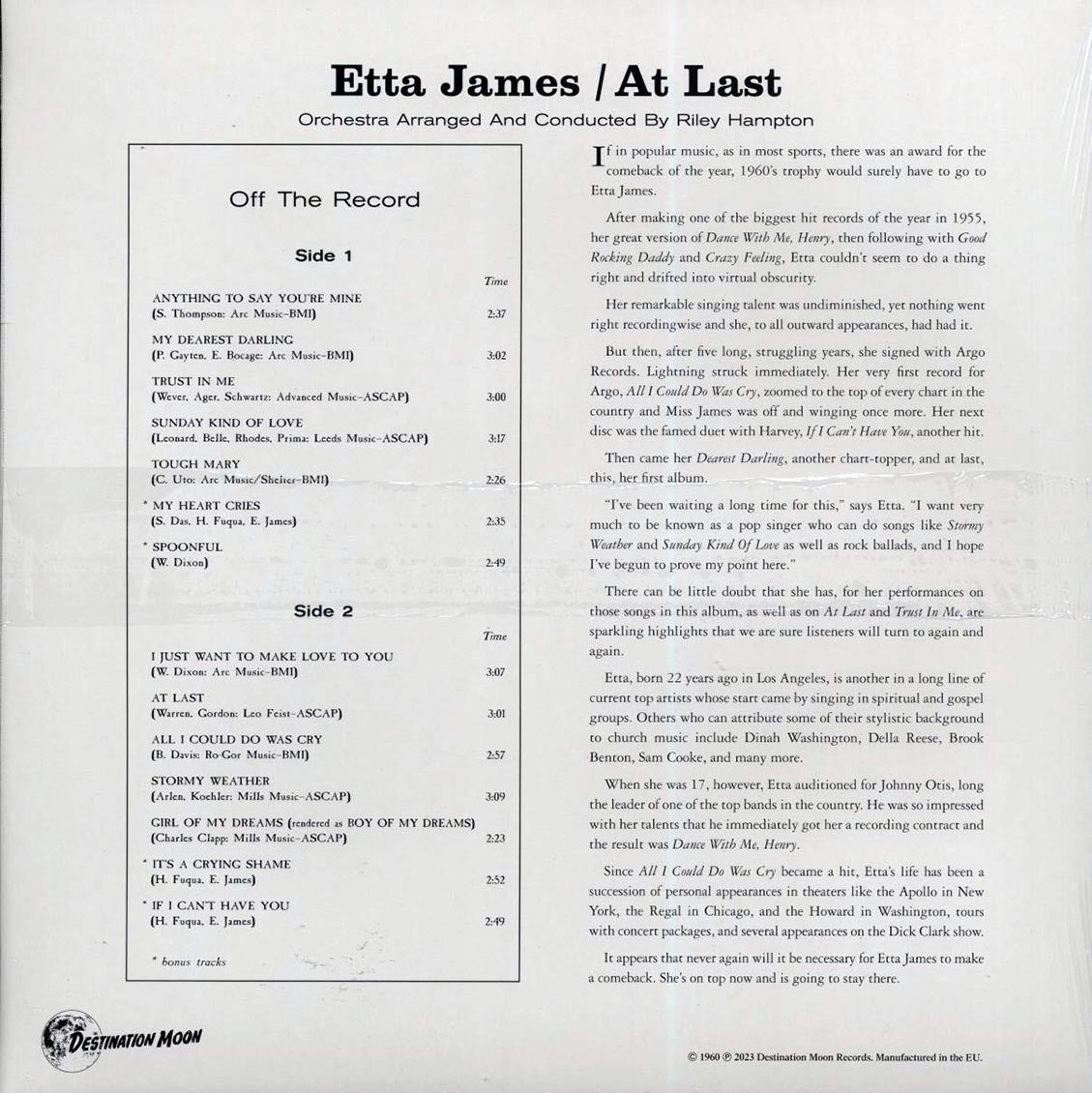 Etta James - At Last! (ltd. 500 copies made) (clear vinyl) vinyl LP back cover