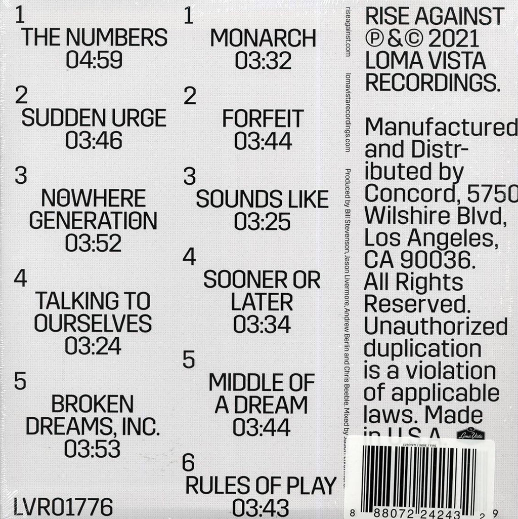 Rise Against - Nowhere Generation (flame orange with red/black/orange smoke vinyl) vinyl LP back cover