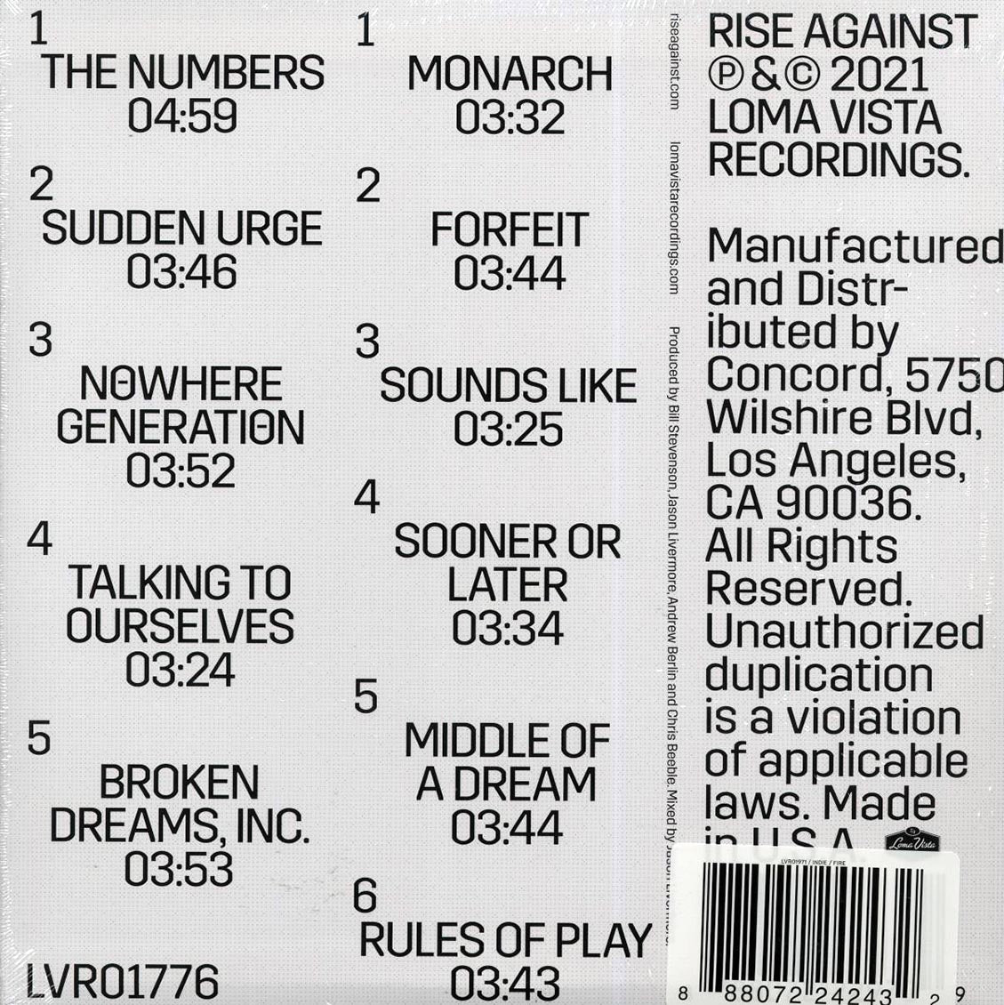 Rise Against - Nowhere Generation (flame orange with red/black/orange smoke vinyl) vinyl LP back cover