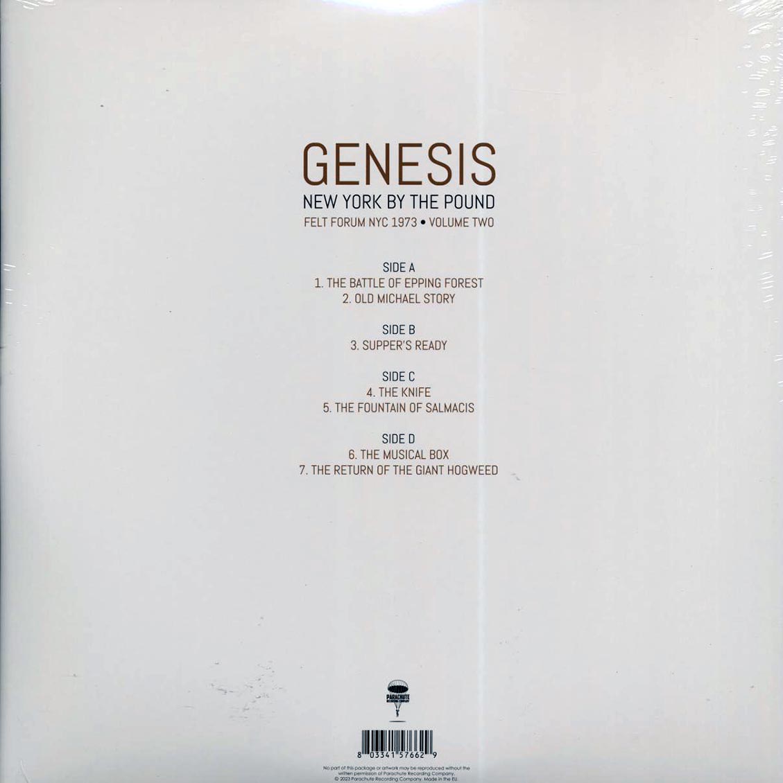Genesis - New York By The Pound Volume 2: Felt Forum NYC 1973 (2xLP) vinyl LP back cover