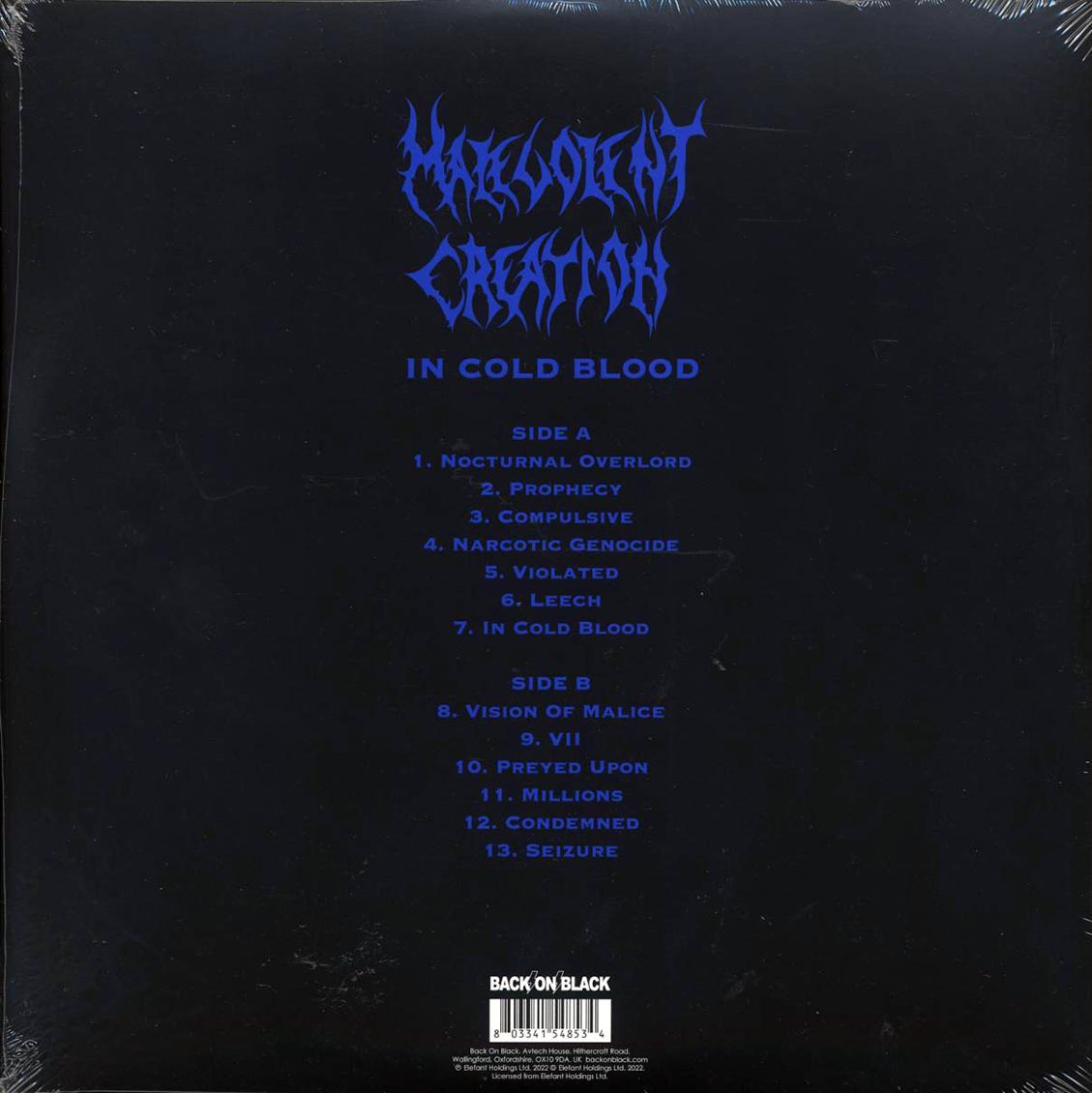 Malevolent Creation - In Cold Blood (ltd. ed.) (blue vinyl) vinyl LP back cover