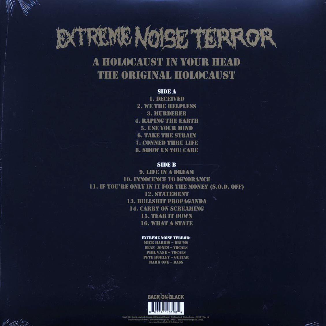 Extreme Noise Terror - A Holocaust In Your Head: The Original Holocaust (ltd. ed.) (gold vinyl) vinyl LP back cover