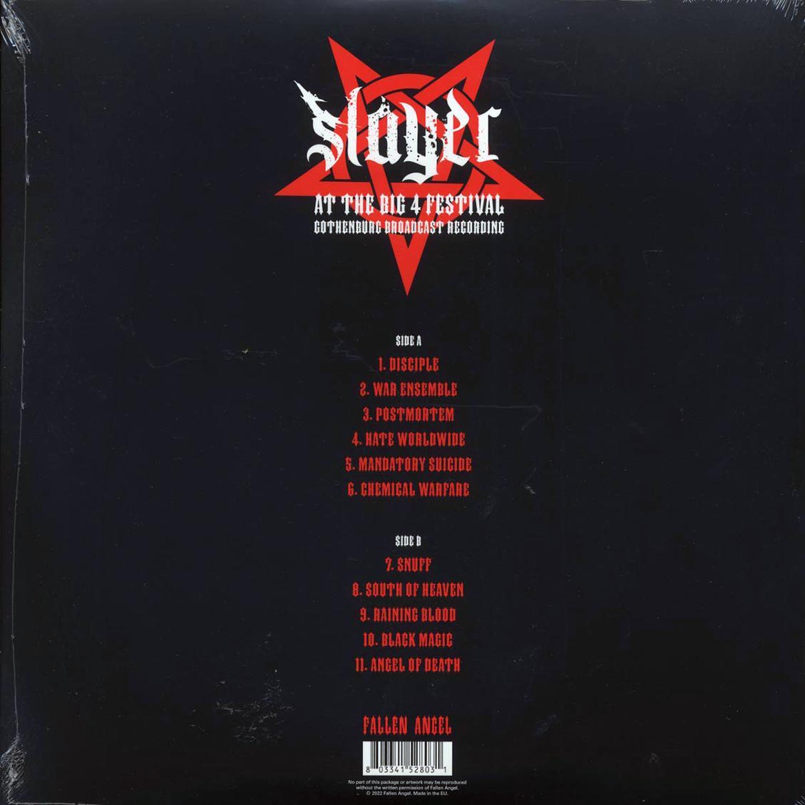 Slayer - At The Big 4 Festival: Gothenburg Broadcast Recording (ltd. ed.) (clear/red splatter vinyl) vinyl LP back cover