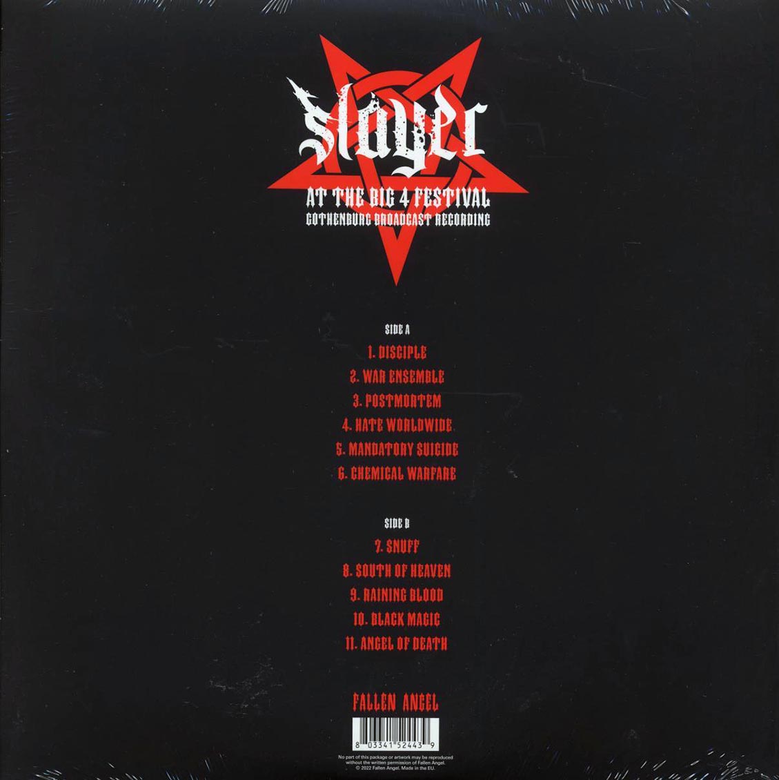 Slayer - At The Big 4 Festival: Gothenburg Broadcast Recording vinyl LP back cover