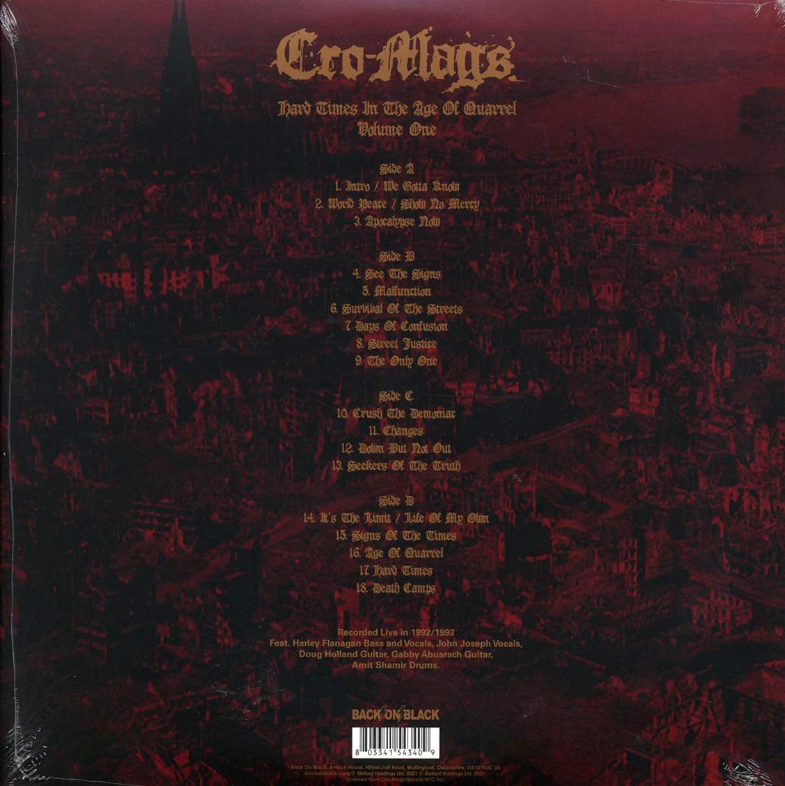 Cro-Mags - Hard Times In The Age Of Quarrel Volume 1 (2xLP) vinyl LP back cover
