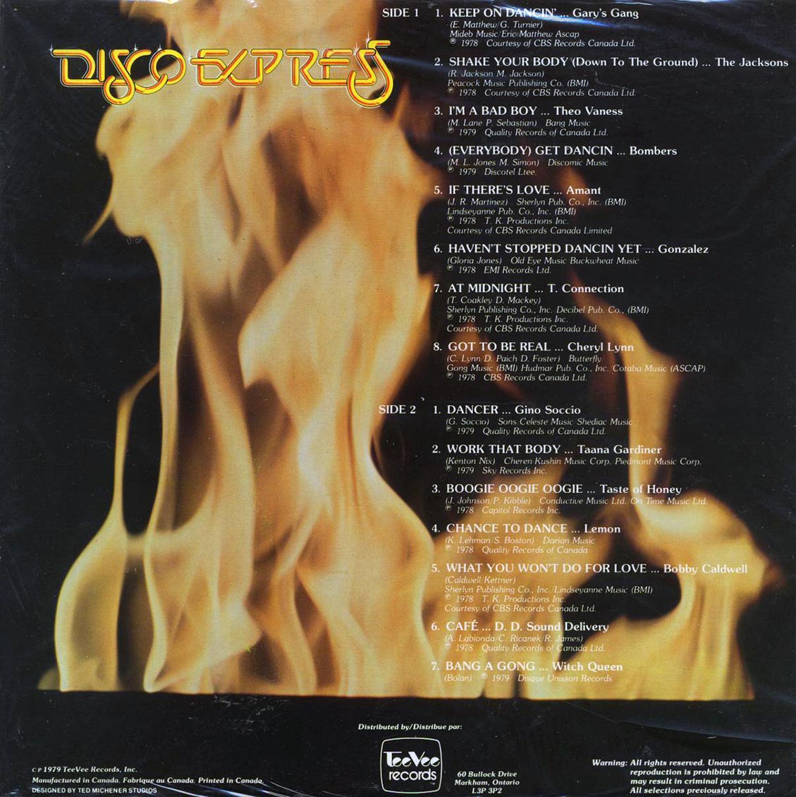 The Jacksons, Taste Of Honey, T Connection, Bombers, Witch Queen, Etc. - Red Hot Disco Express (red vinyl) vinyl LP back cover