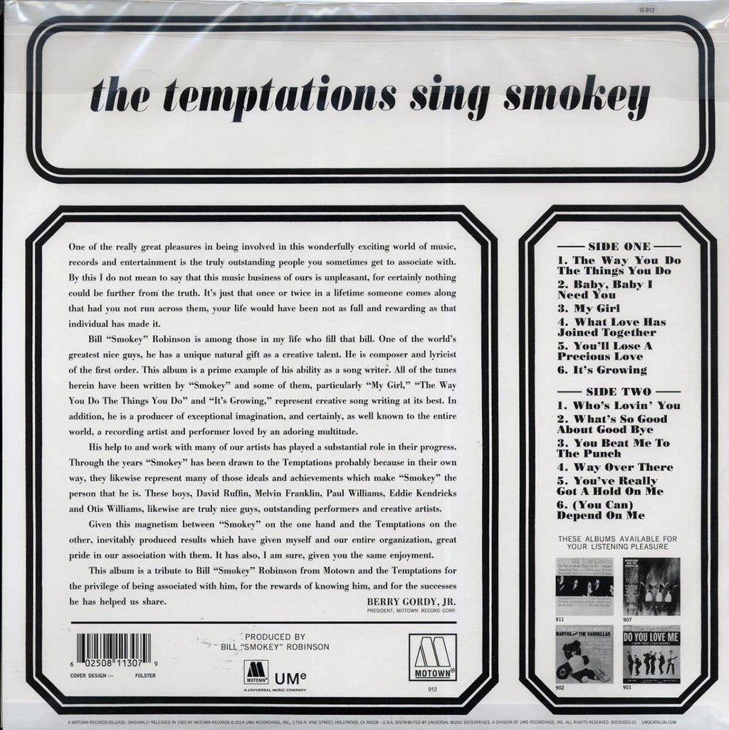 The Temptations - The Temptations Sing Smokey (mono) (ltd. ed.) (180g) (remastered) (audiophile) vinyl LP back cover
