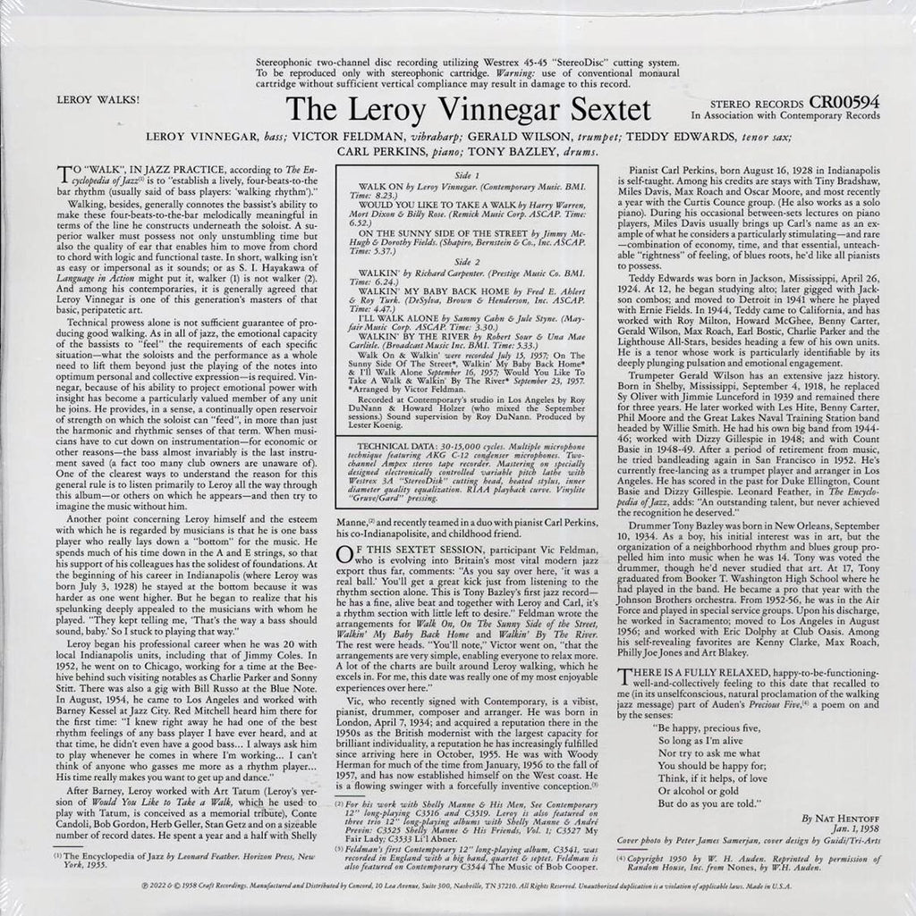Leroy Vinnegar Sextet - Leroy Walks! (180g) vinyl LP back cover