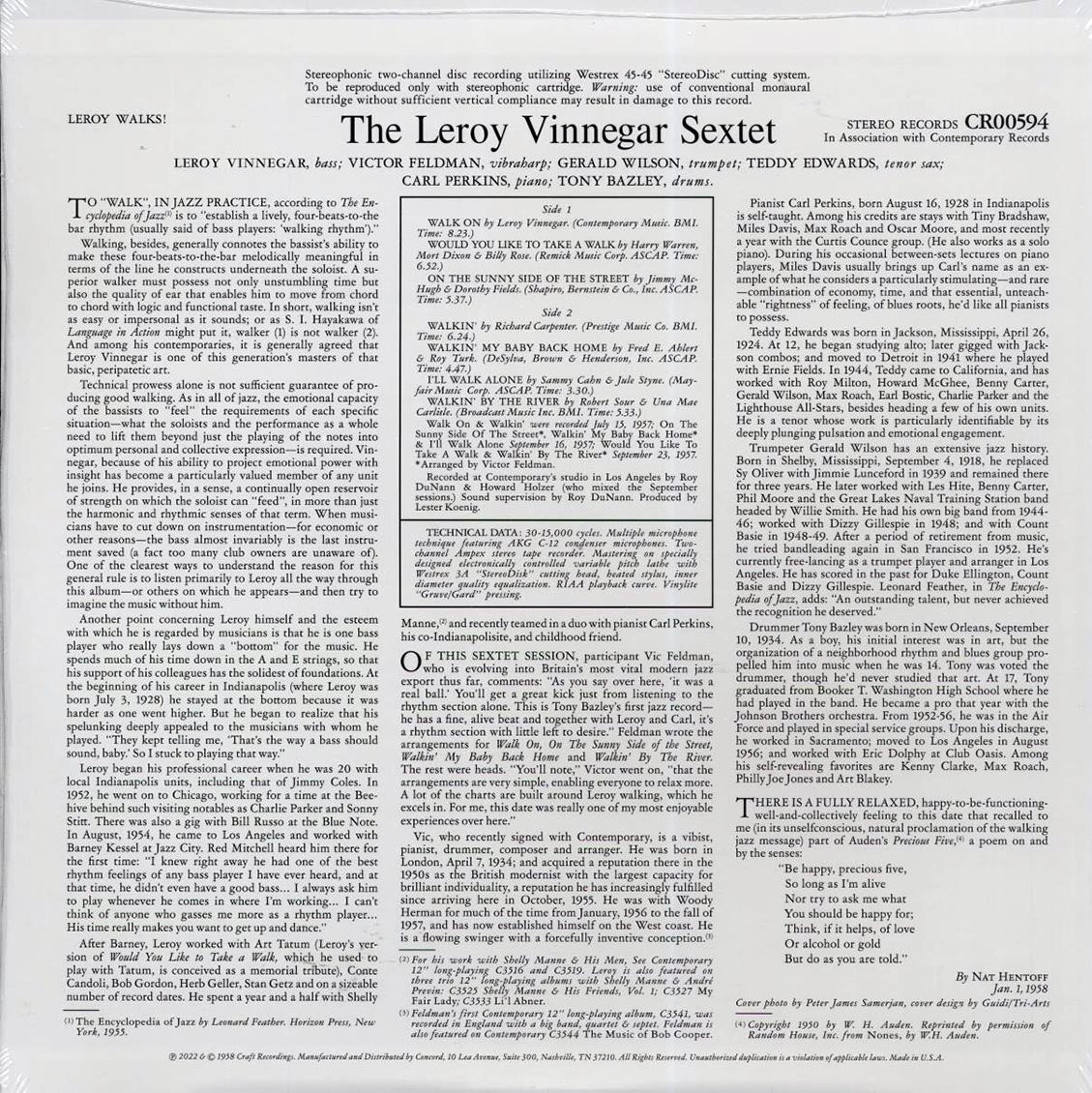 Leroy Vinnegar Sextet - Leroy Walks! (180g) vinyl LP back cover