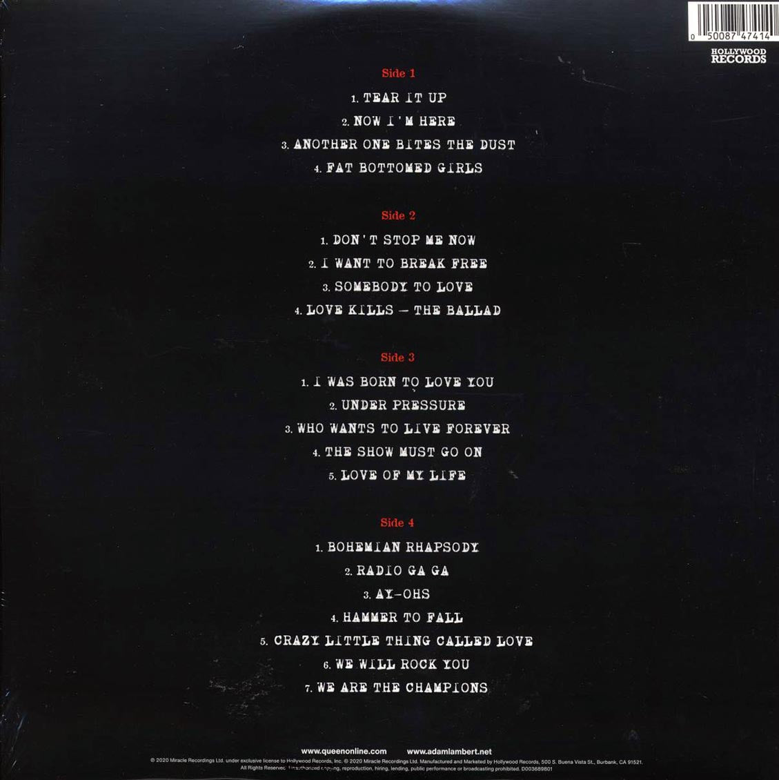 Queen, Adam Lambert - Live Around The World (2xLP) vinyl LP back cover
