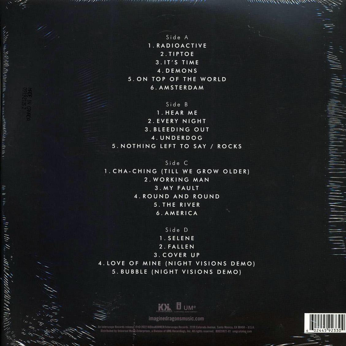 Imagine Dragons - Night Visions: Expanded Edition (10th Anniv. Ed.) (+11 bonus tracks) (ltd. ed.) (2xLP) (yellow vinyl) vinyl LP back cover
