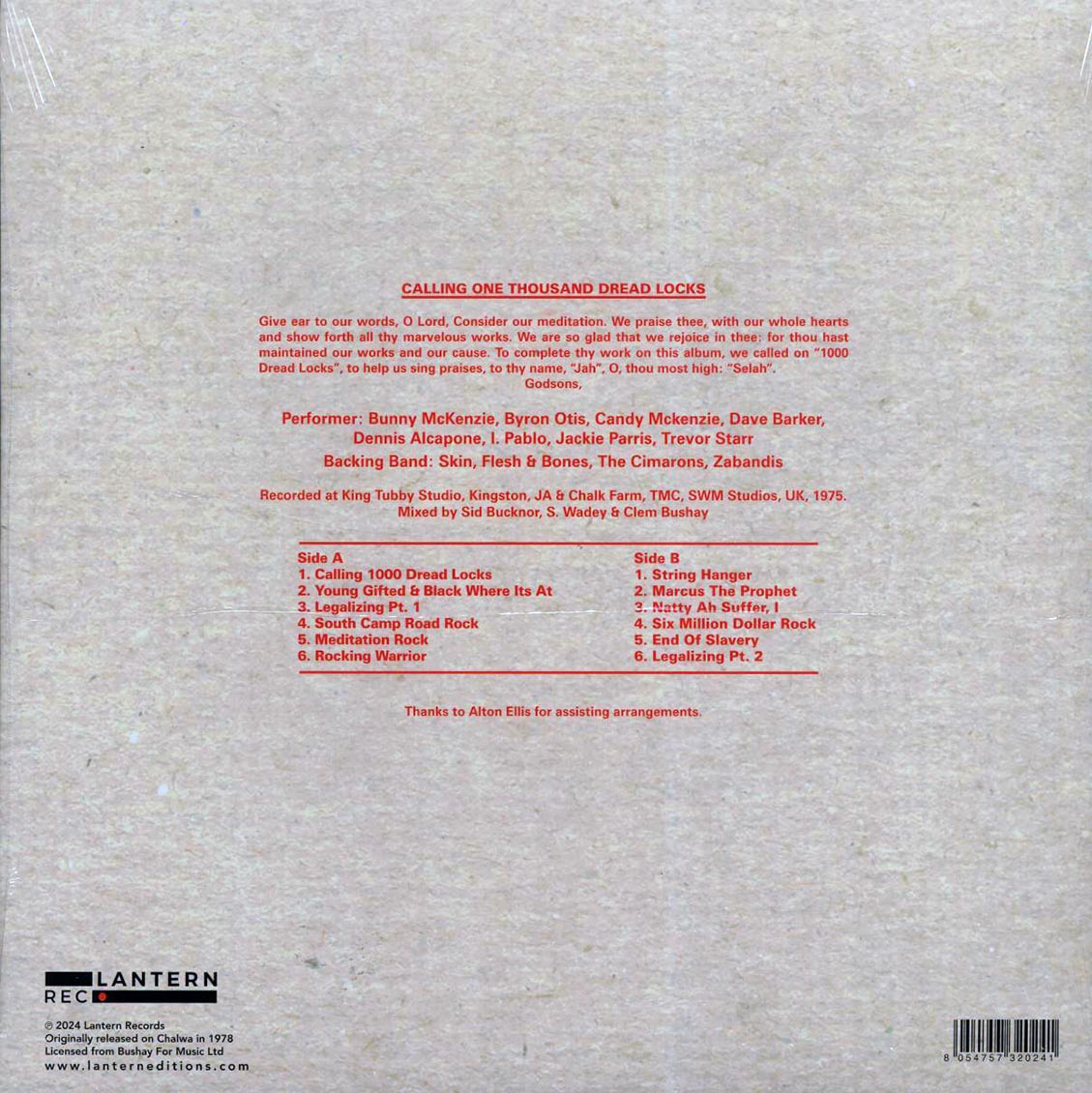 King Tubby, Dennis Alcapone, Dave Barker, Skin, Flesh & Bones, Etc. - Calling One Thousands Dread Locks vinyl LP back cover