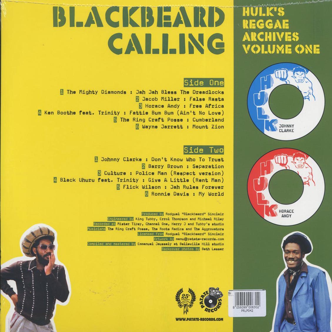 Jacob Miller, Horade Andy, Ken Boothe, Wayne Jarrett, Culture, Etc. - Blackbeard Calling: Hulk's Reggae Archives Volume 1 vinyl LP back cover