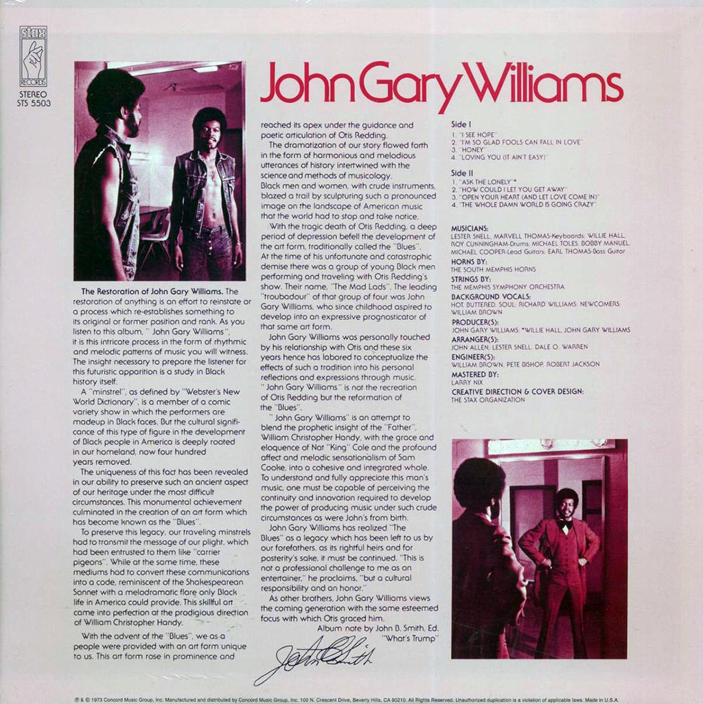 John Gary Williams - John Gary Williams vinyl LP back cover