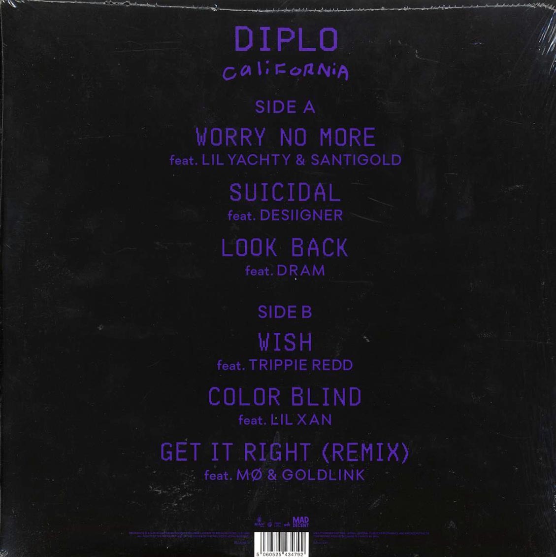 Diplo - California (purple vinyl) (incl. CD) vinyl LP back cover