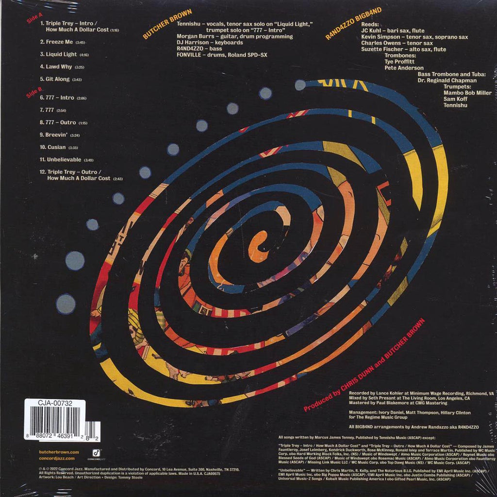 Butcher Brown, Tennishu, R4nd4zzo Bigb4nd - Triple Trey (ltd. ed.) (blue vinyl) (incl. a bonus 45rpm vinyl) vinyl LP back cover