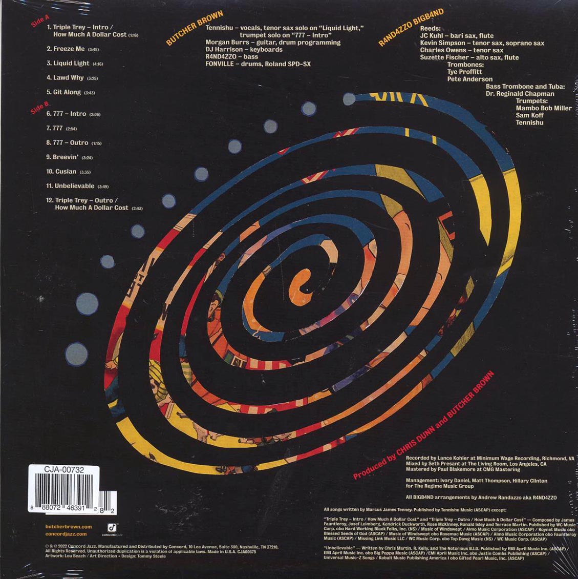 Butcher Brown, Tennishu, R4nd4zzo Bigb4nd - Triple Trey (ltd. ed.) (blue vinyl) (incl. a bonus 45rpm vinyl) vinyl LP back cover