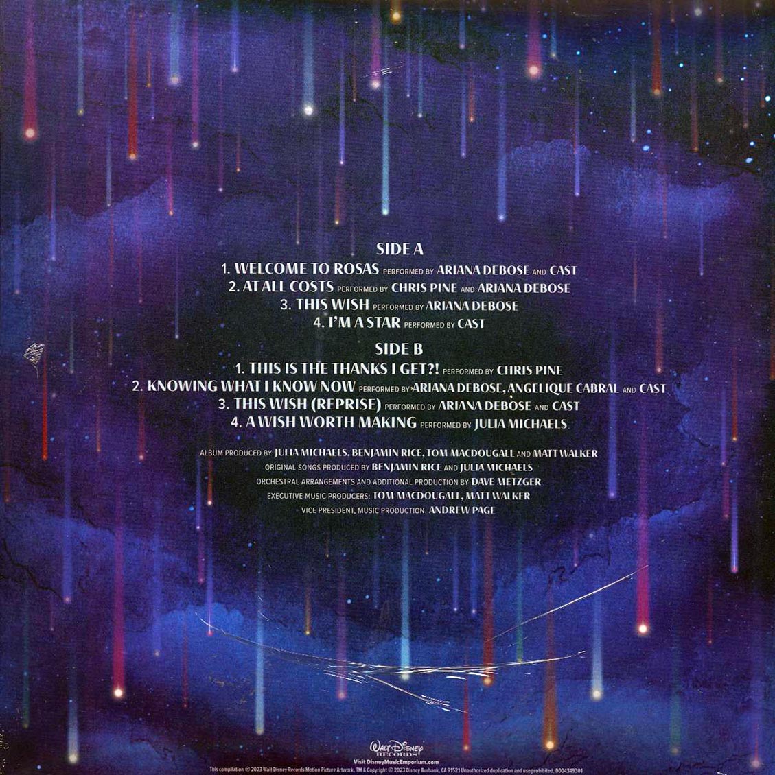 Ariana Debose, Chris Pine, Angelique Cabral, Julia Michaels - Wish: Original Motion Picture Soundtrack (180g) vinyl LP back cover