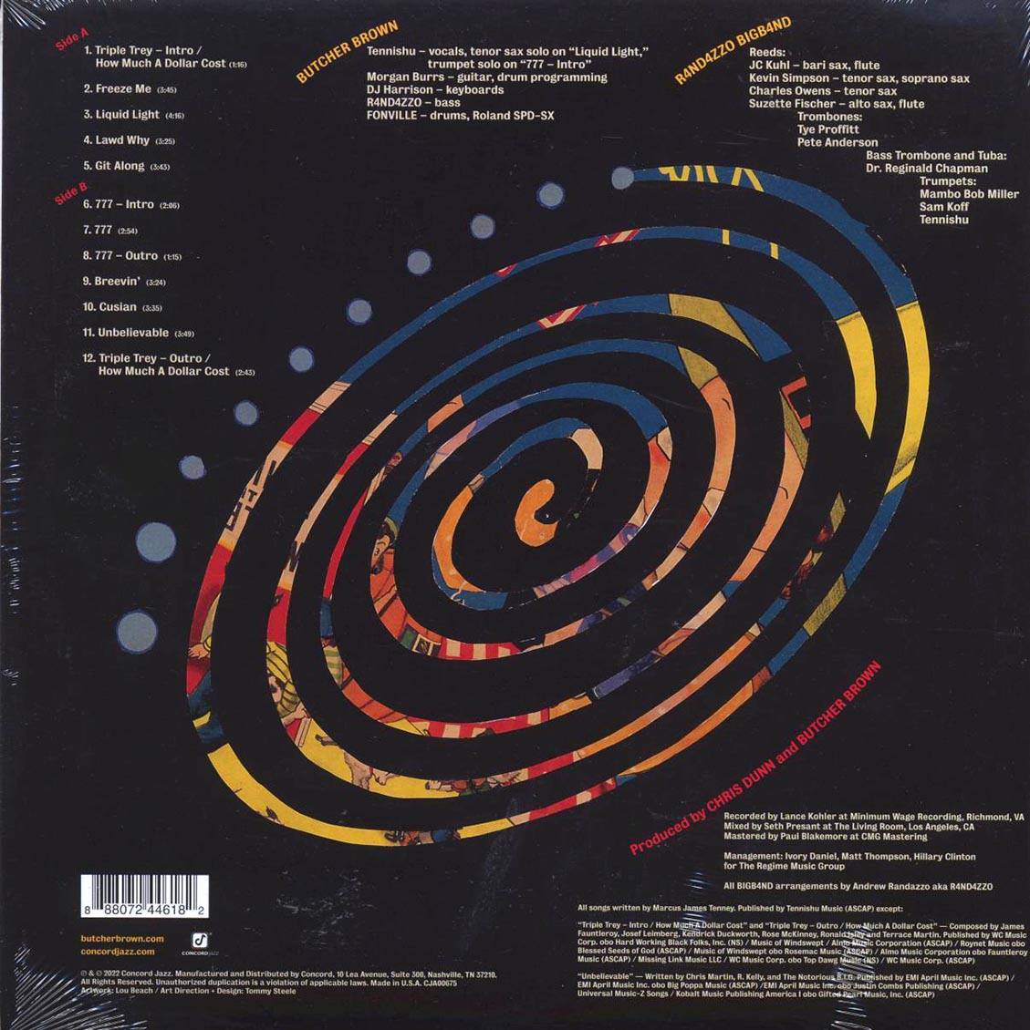Butcher Brown, Tennishu, R4nd4zzo Bigb4nd - Triple Trey (incl. a bonus 45rpm vinyl) vinyl LP back cover