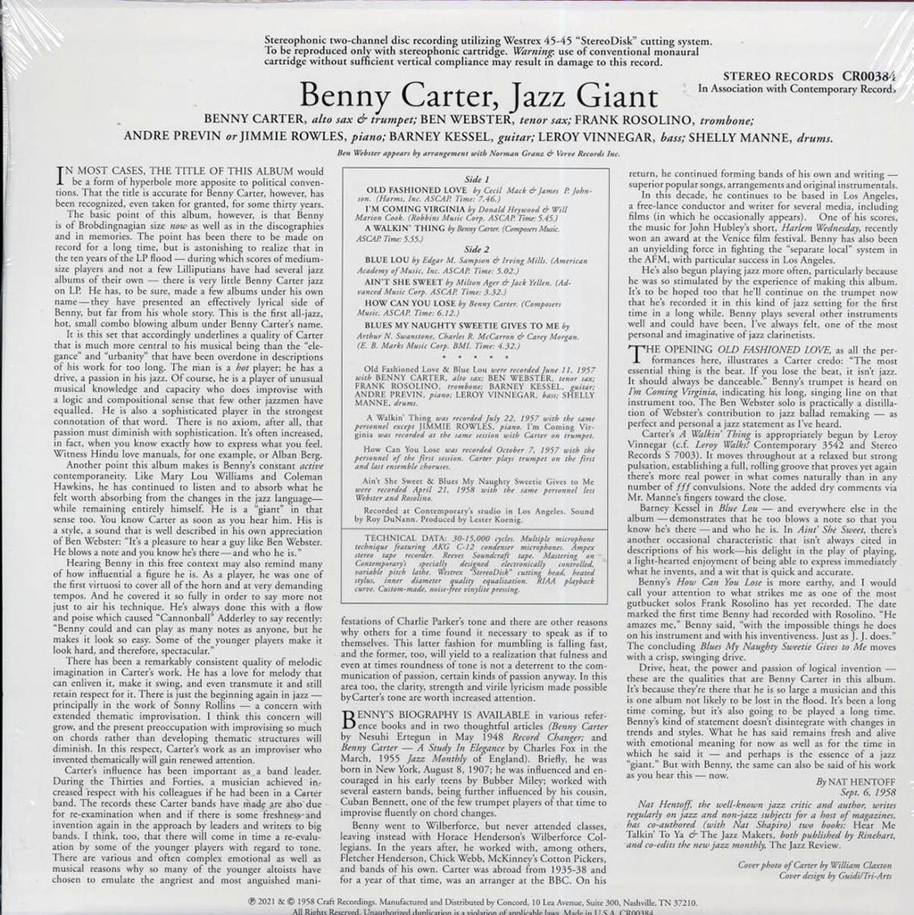 Benny Carter - Jazz Giant (180g) vinyl LP back cover