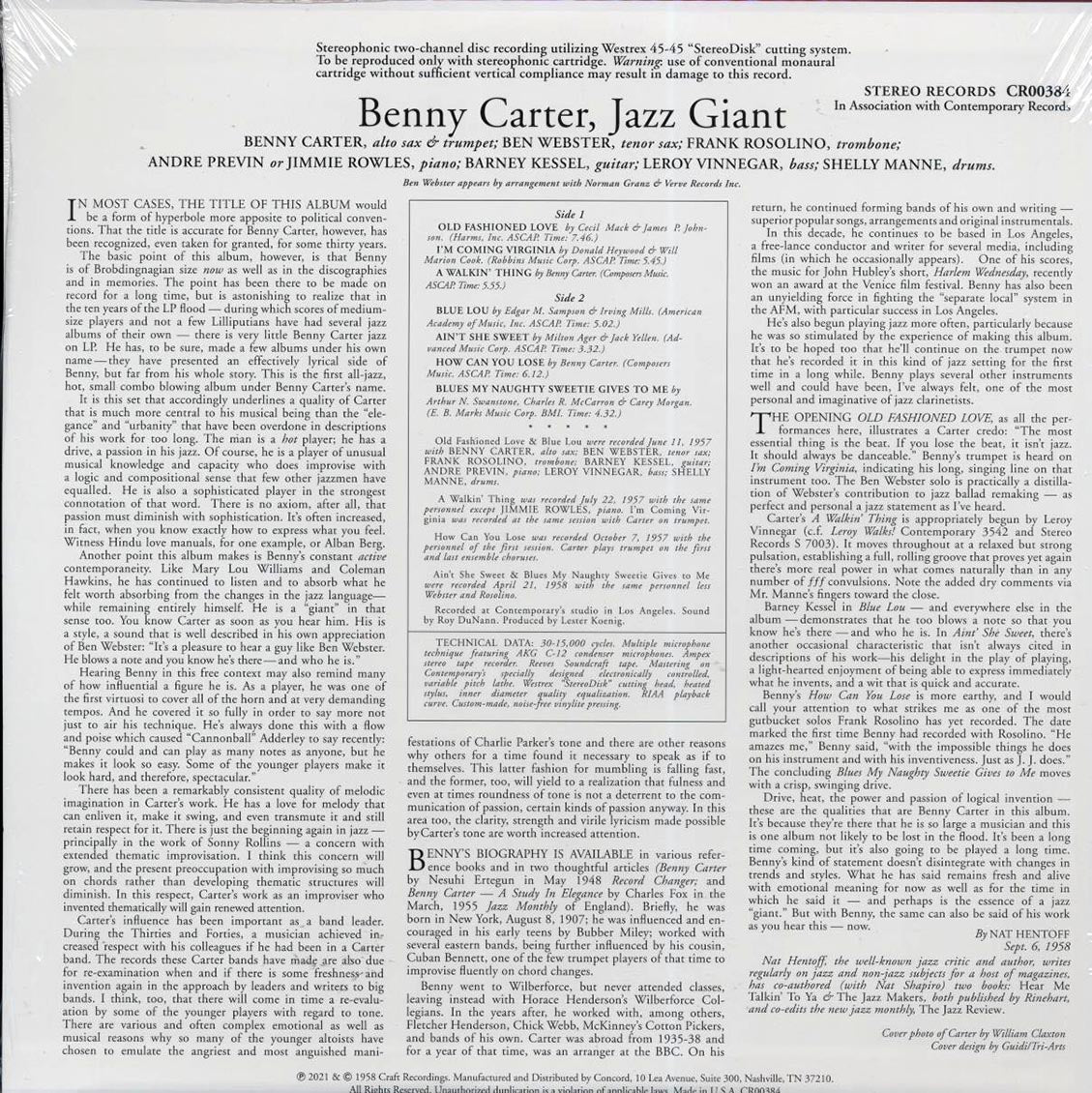 Benny Carter - Jazz Giant (180g) vinyl LP back cover