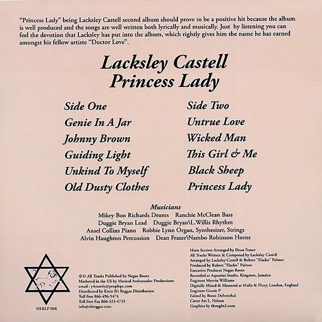 Lacksley Castell - Princess Lady (US press) (ltd. ed.) vinyl LP back cover