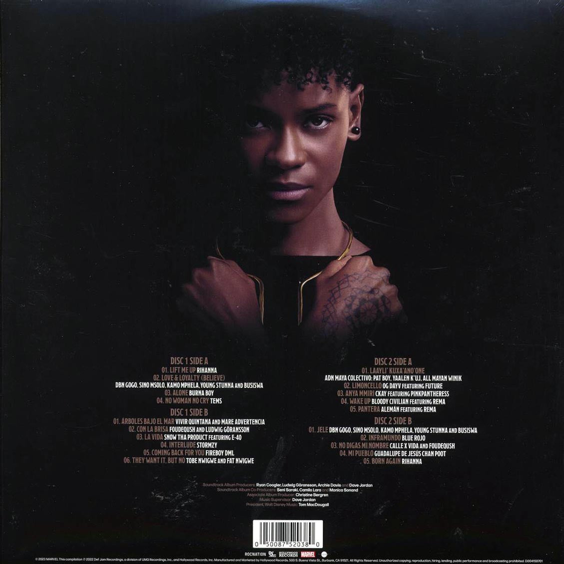Rihanna, Burna Boy, Tems, Future, Etc. - Music From And Inspired By Black Panther: Wakanda Forever (2xLP) (translucent tan vinyl) vinyl LP back cover
