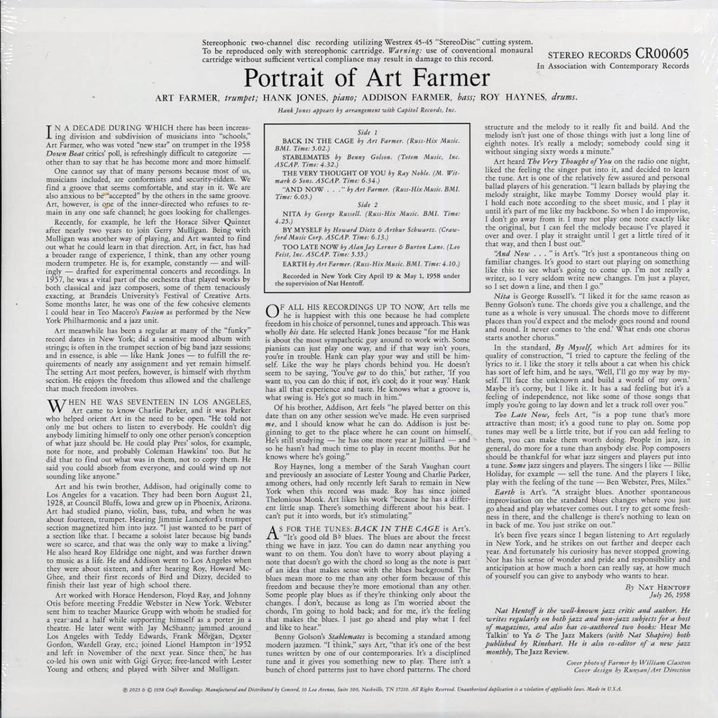 Art Farmer - Portrait Of Art Farmer (180g) vinyl LP back cover