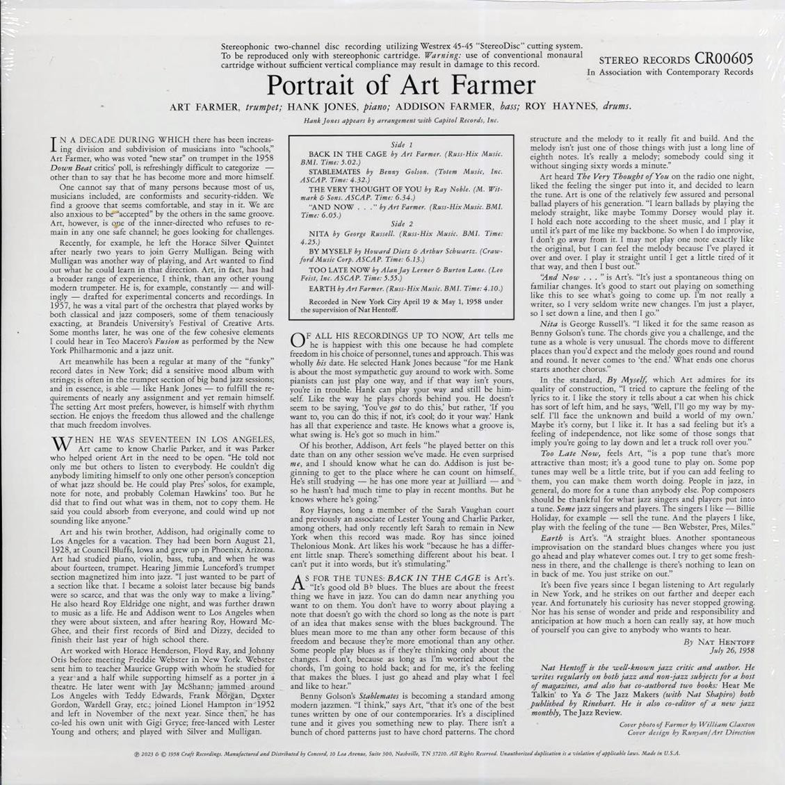 Art Farmer - Portrait Of Art Farmer (180g) vinyl LP back cover