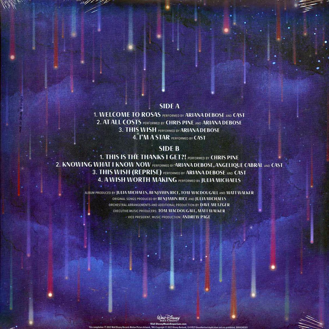 Ariana Debose, Chris Pine, Angelique Cabral, Julia Michaels - Wish: Original Motion Picture Soundtrack (clear vinyl) vinyl LP back cover