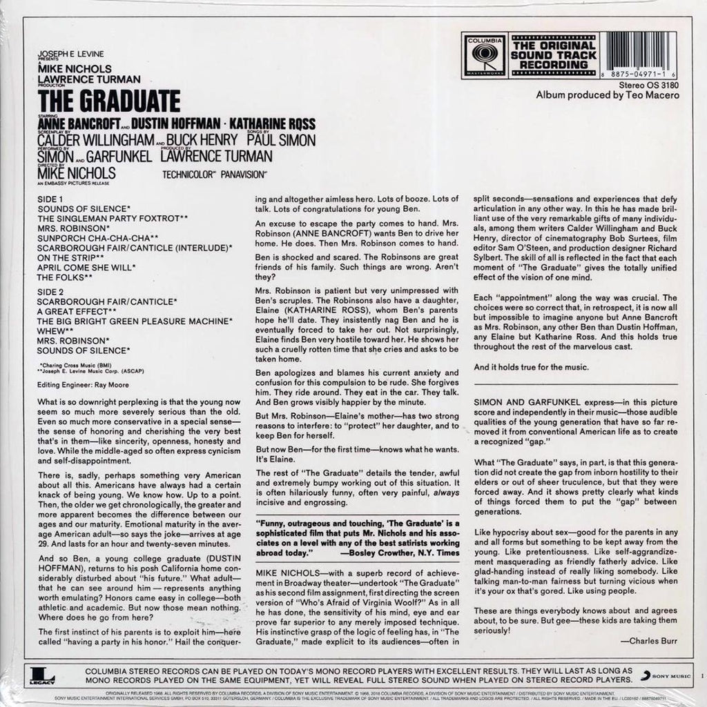 Simon & Garfunkel, Dave Grusin - The Graduate: The Original Sound Track Recording vinyl LP back cover