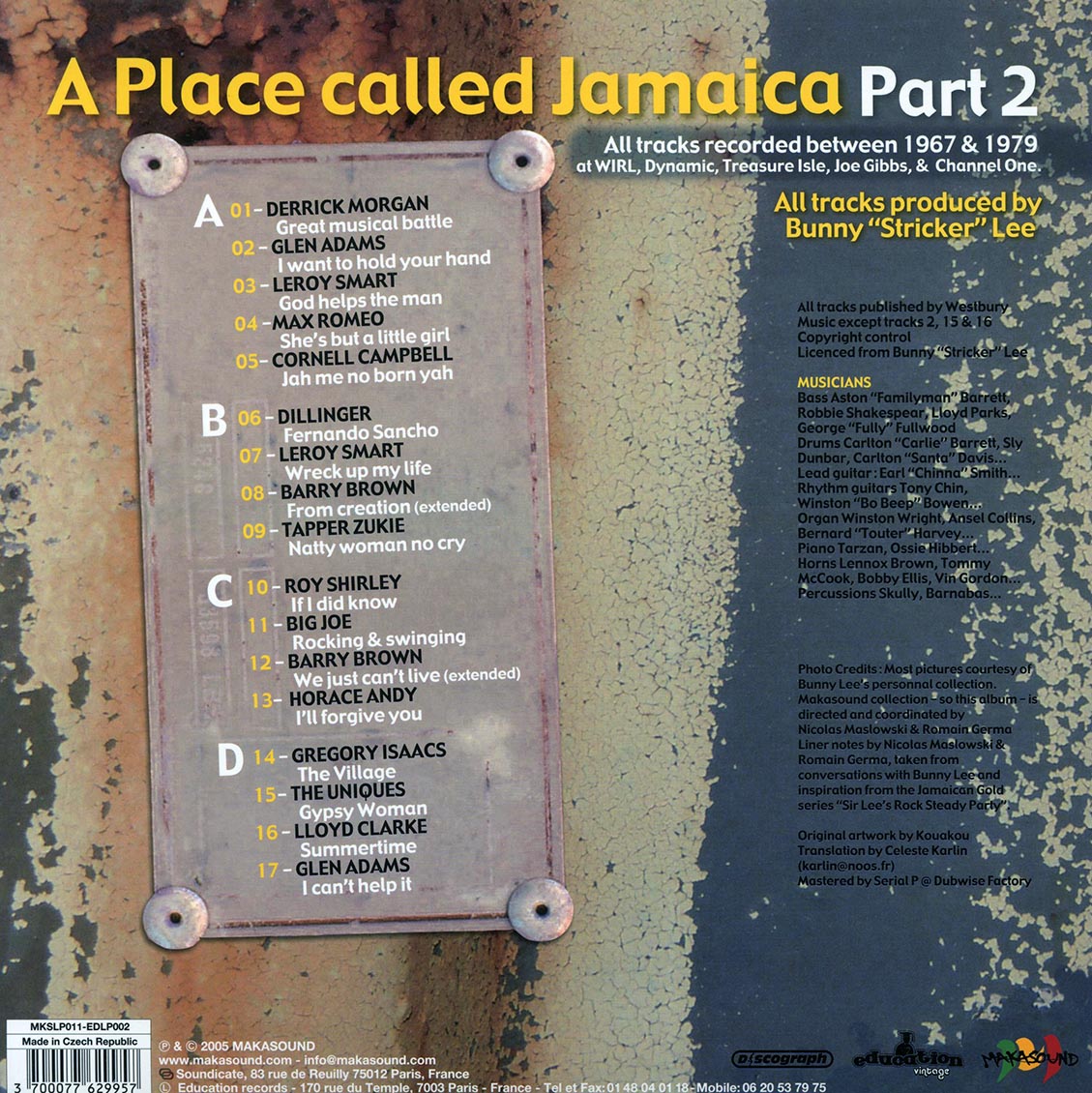 Barry Brown, Glen Adams, The Uniques, Lloyd Clarke, Etc. - A Place Called Jamaica Part 2: Bunny Lee Productions From 60's & 70's (2xLP) vinyl LP back cover