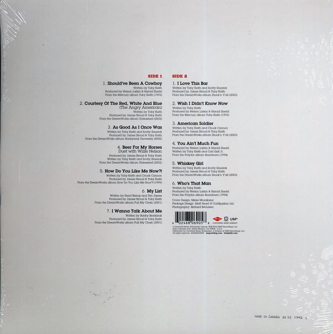 Toby Keith - 13 Number Ones (red/white/blue vinyl) vinyl LP back cover