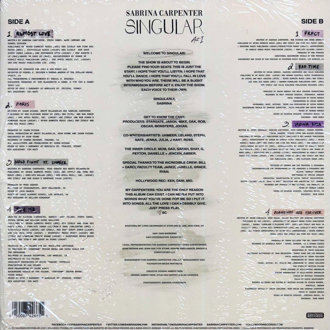 Sabrina Carpenter - Singular Act I vinyl LP back cover