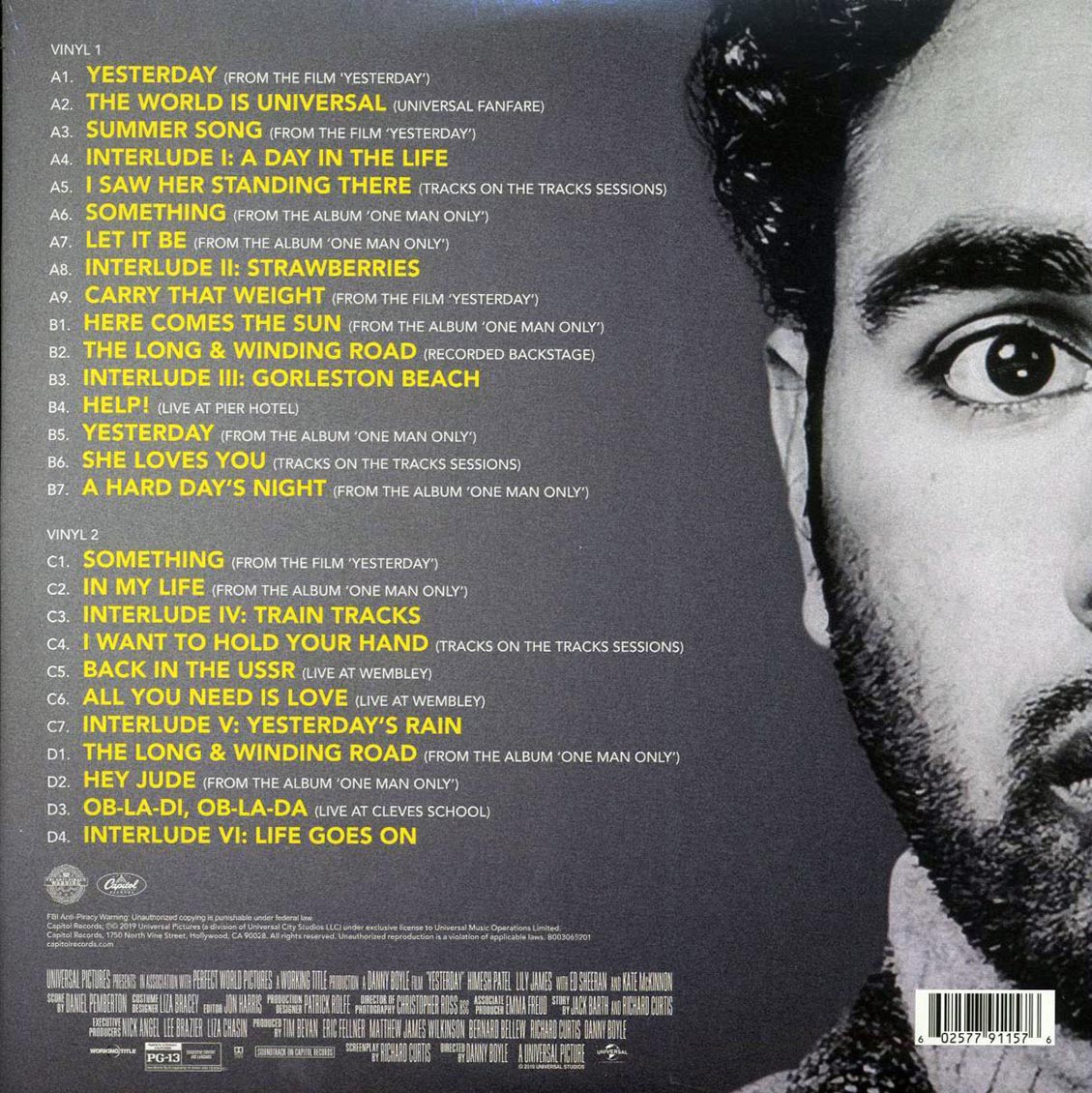 Hamish Patel, Daniel Pemburton - Yesterday: Original Motion Picture Soundtrack (2xLP) (yellow vinyl) vinyl LP back cover