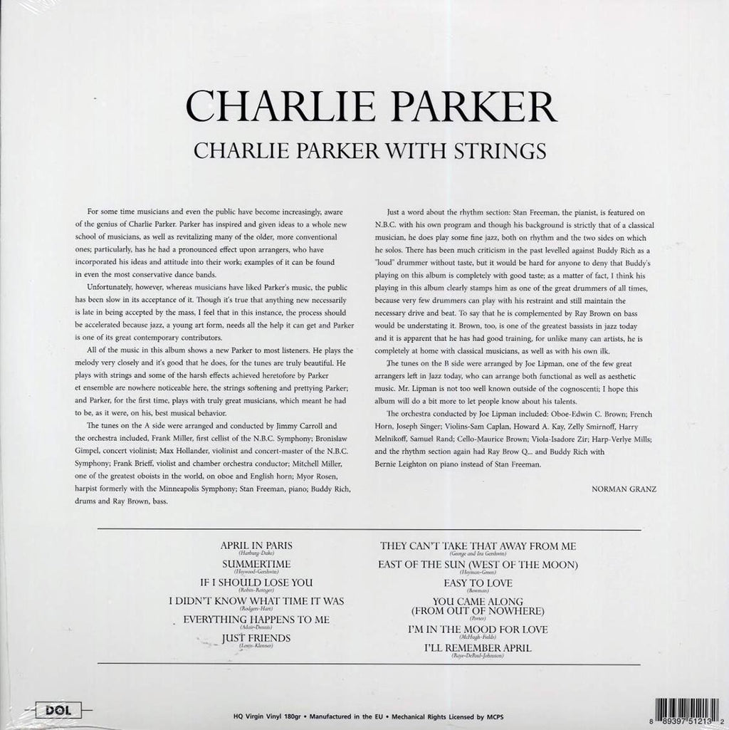 Charlie Parker - Charlie Parker With Strings (180g) vinyl LP back cover