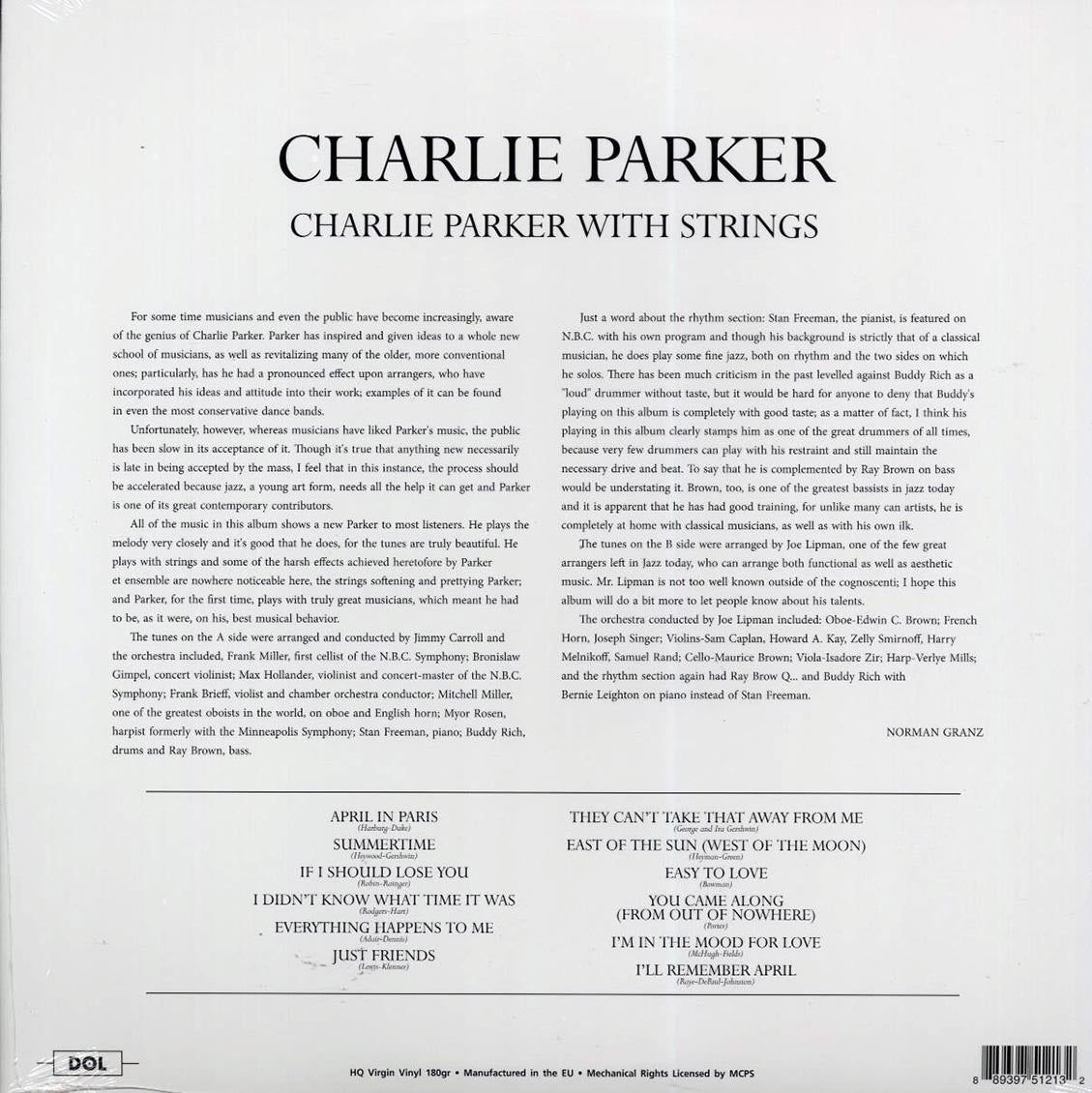 Charlie Parker - Charlie Parker With Strings (180g) vinyl LP back cover
