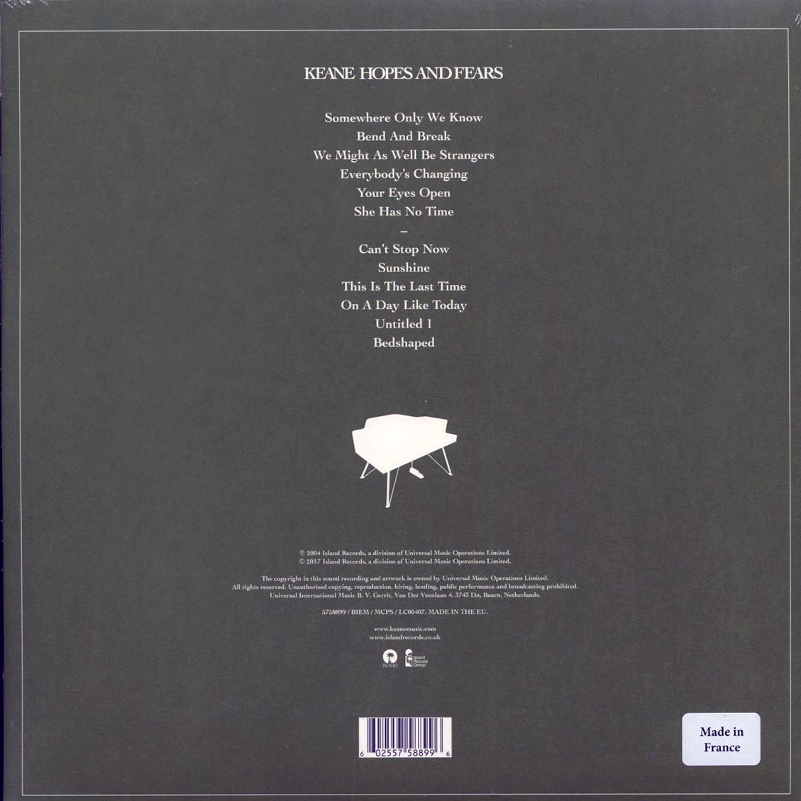 Keane - Hopes And Fears (180g) vinyl LP back cover